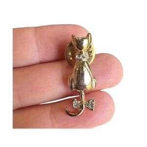 Vintage Cat Pin Moving Tail Gold Tone with Rhinestones